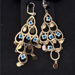 Gold and Blue Evil Eye Dangle Earrings
